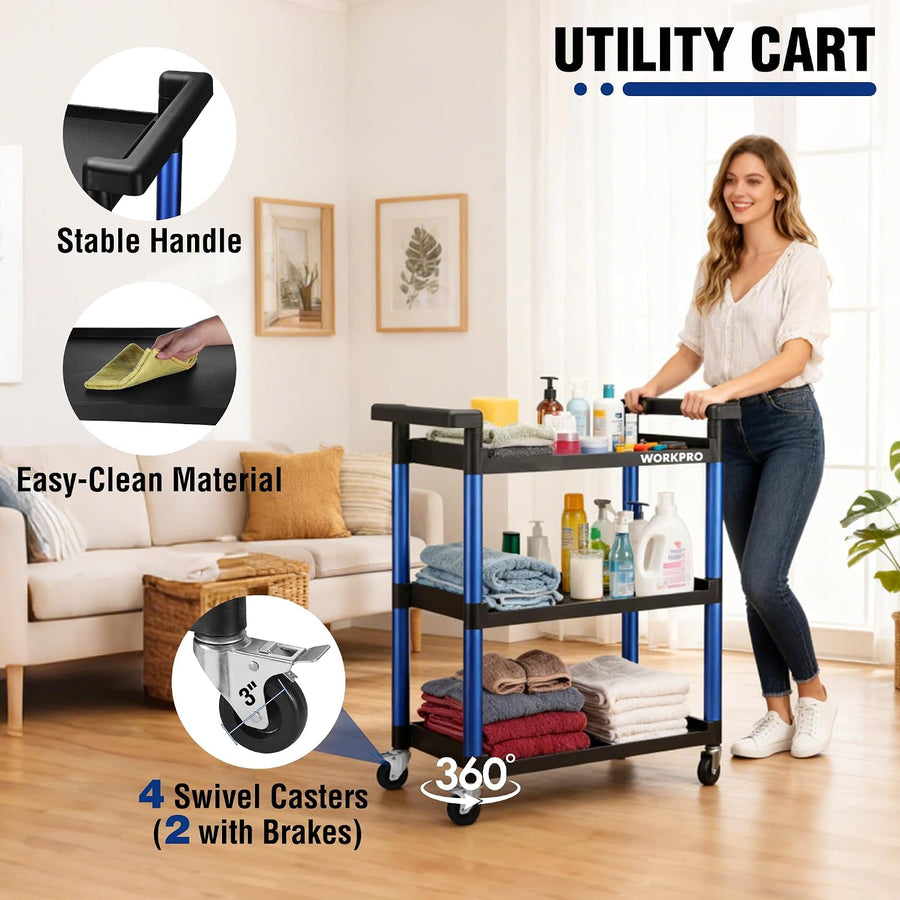 WORKPRO 3-Tier Service Utility Cart, 400LBS Plastic Rolling Cart with Handles & Lockable Wheels, Heavy Duty Storage Cart for Restaurant, Kitchen, Office, Garage, Warehouse