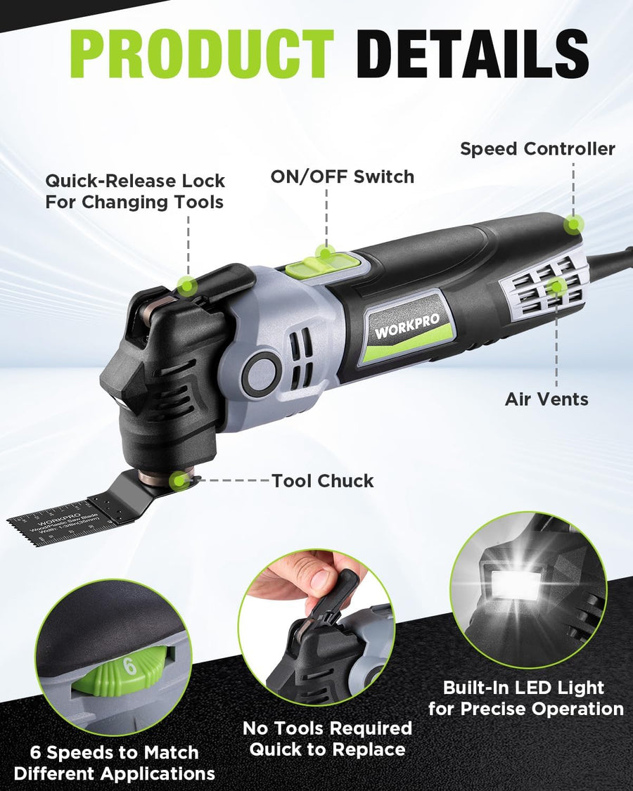 WORKPRO 400W Oscillating Multi-Tool, 6-Speed Corded Power Saw with LED Light, Quick Blade Change, 3.5° Oscillation Angle, 23 Accessories for Cutting, Sanding, Scraping