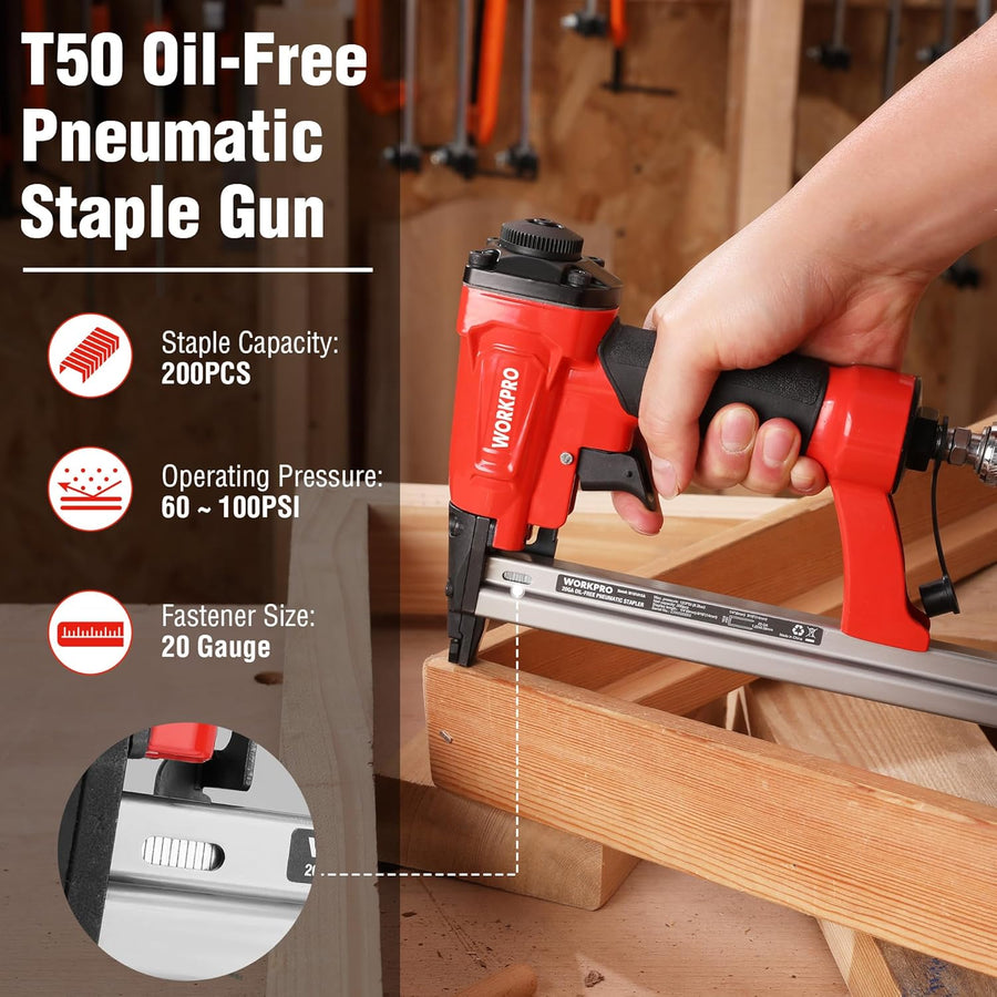 WORKPRO Pneumatic 20 Gauge Staple Gun, Oil-Free T50 Upholstery Stapler with 1260pcs 1/4" to 5/8" Staples, Extended Magazine, 200-count Staple Capacity, for Carpentry, Woodworking and DIY Projects