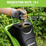 WORKPRO Electric Wood Chipper, 15A 4300RPM Corded Branch Shredder, 1.73" Cutting Capacity, 14:1 Reduction Ratio, SK5 Dual-Blade System, Portable Yard Chipper with Wheels & Collection Bag