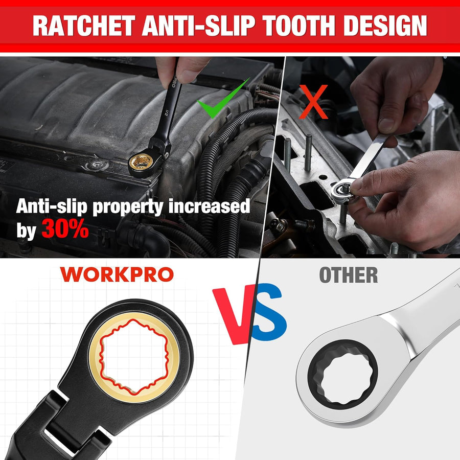 WORKPRO 8-piece Flex Head Ratcheting Wrench Set, Anti-slip Set SAE 5/16-3/4 inch, 72-Teeth, Cr-V Constructed, Black Electrophoretic Coating with Rack Organizer