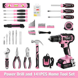 WORKPRO 20V Pink Cordless Drill Driver and 141 Pcs Home Tool Set - Pink Ribbon