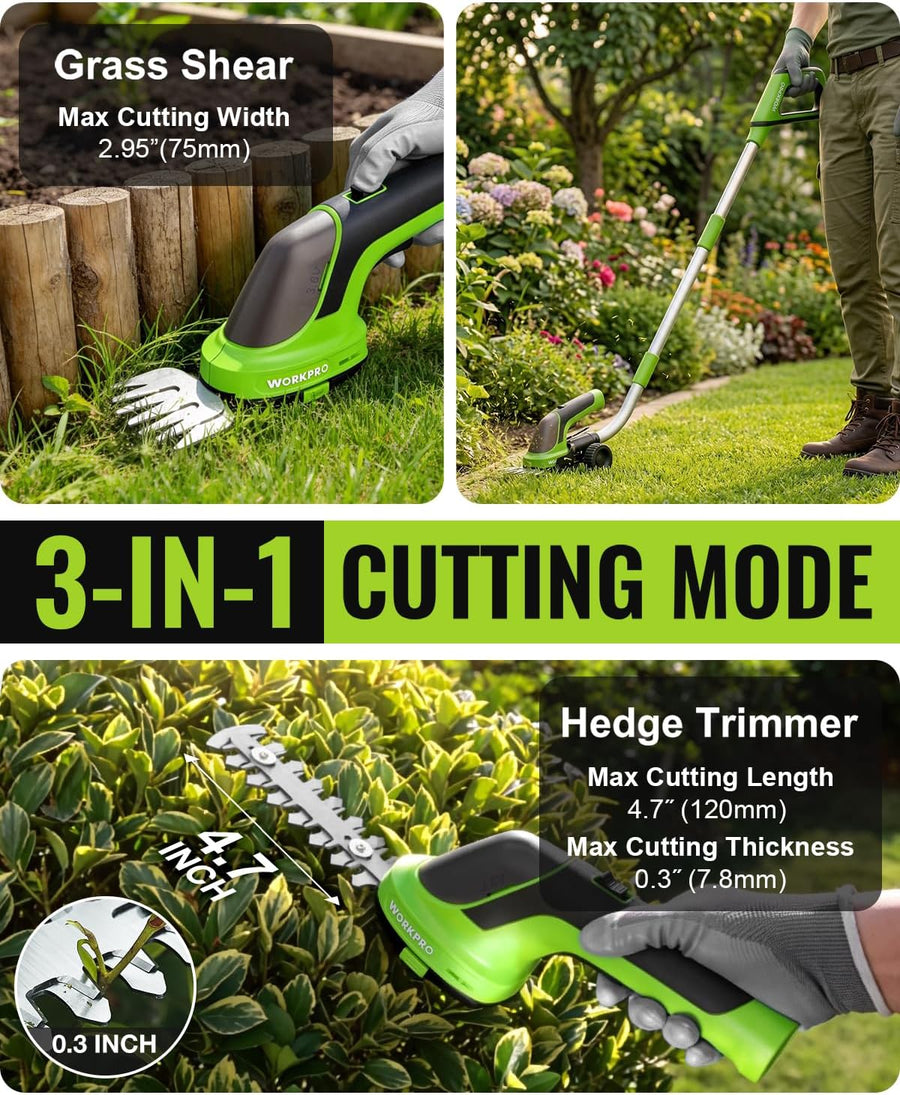 WORKPRO 3.6V Hedge Trimmer Cordless, 3-in-1 Electric Hedge Trimmer & Grass Cutter with 37'' Wheeled Extension Pole, 4.0Ah Removable Battery & Type-C Cable, Lightweight Bush Trimmer for Lawn & Garden