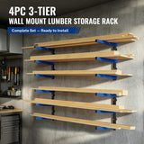 WORKPRO 4PC 3-Tier Wall Mount Lumber Storage Rack | Q195 Steel, 265 Lbs Total, 100 Lbs/Tier. Hardware Included. Fits Garages, Basements, Sheds, Workshops