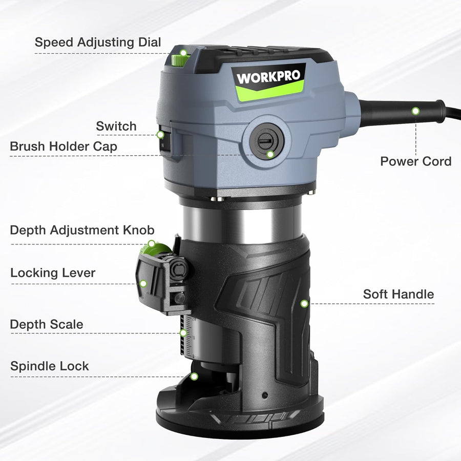 WORKPRO Compact Router Kit, 6.5 Amp Corded Hand Trimmer Router Tool, 6 Variable Speeds Wood Router for Woodworking Slotting Trimming