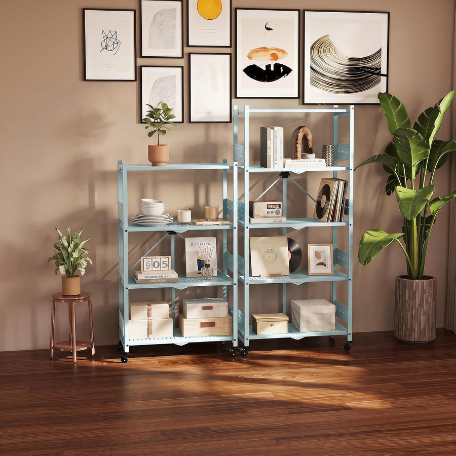 WORKPRO 4-Tier Folding Shelf, No-Assembly Metal Storage Rack with Wheels, 600 lbs Capacity (with Leveling Feet), Collapsible Shelving Unit for Kitchen, Pantry, Closet & Craft Shows - Blue