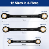 WORKPRO 3-Piece 4-in-1 Reversible Ratcheting Wrench Set, 12 Sizes in 3 Wrenches (8MM to 19MM), Metric, Anti-Slip, Double Box End, 72-Tooth, CR-V, 6-Point, with Storage Bag - for Repair & Maintenance