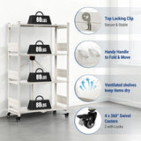 WORKPRO 4-Tier Folding Shelf, No-Assembly Metal Storage Rack with Wheels, 600 lbs Capacity (with Leveling Feet), Collapsible Shelving Unit for Kitchen, Pantry, Closet & Craft Shows - White