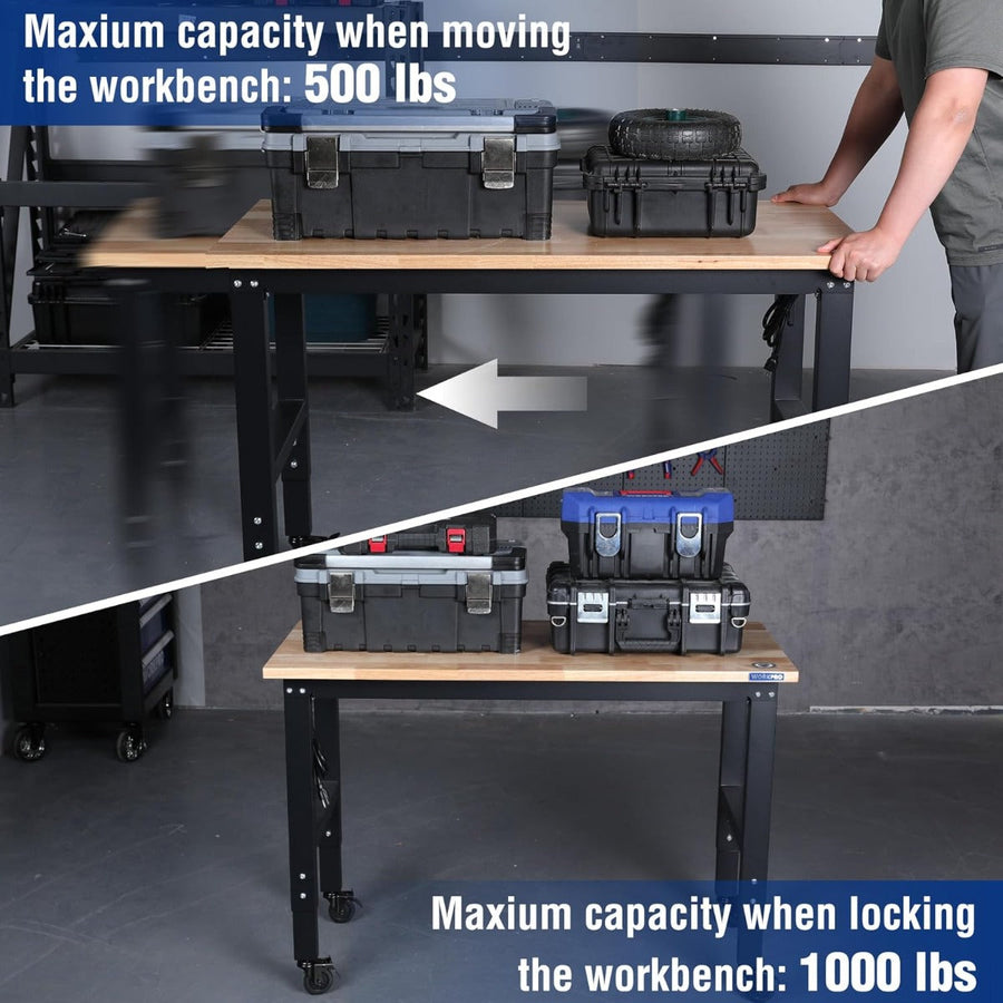 WORKPRO 48"×22" Adjustable Heavy-Duty Rubber Wood Top Workbench with Casters and Power Outlets, 1000 LBS Stationary Load Capacity