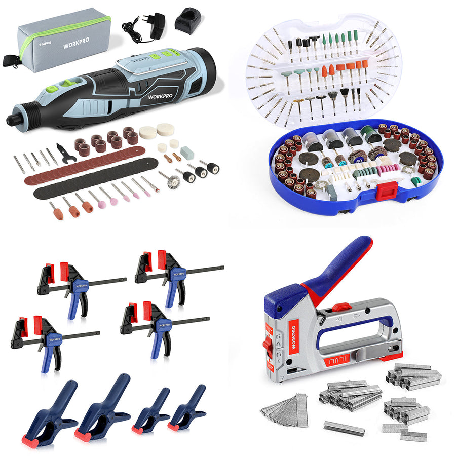 WORKPRO 12V Cordless Rotary Tool Kit & 276-piece Rotary Tool Accessories Kit & 8-Piece Clamp Set & 4-in-1 Staple Gun Kit