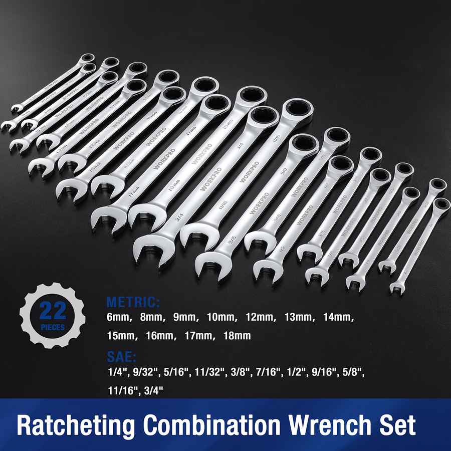 WORKPRO 22-Piece Regular Ratcheting Combination Wrench Set