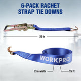 WORKPRO Ratchet Tie Down Straps, 6-Pack | 2" x 15' | 5000 lbs Break Strength Heavy Duty Ratchet Straps, Fits for Moving Appliances Motorcycle ATV Truck (Blue)