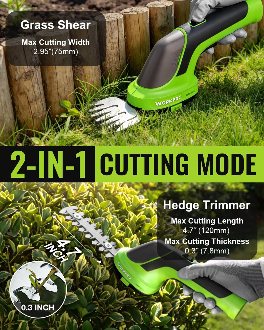 WORKPRO 3.6V Hedge Trimmer Cordless, 2-in-1 Electric Hedge Trimmer & Grass Cutter with 4.0Ah Removable Battery & Type-C Cable, Lightweight Bush Trimmer for Lawn & Garden