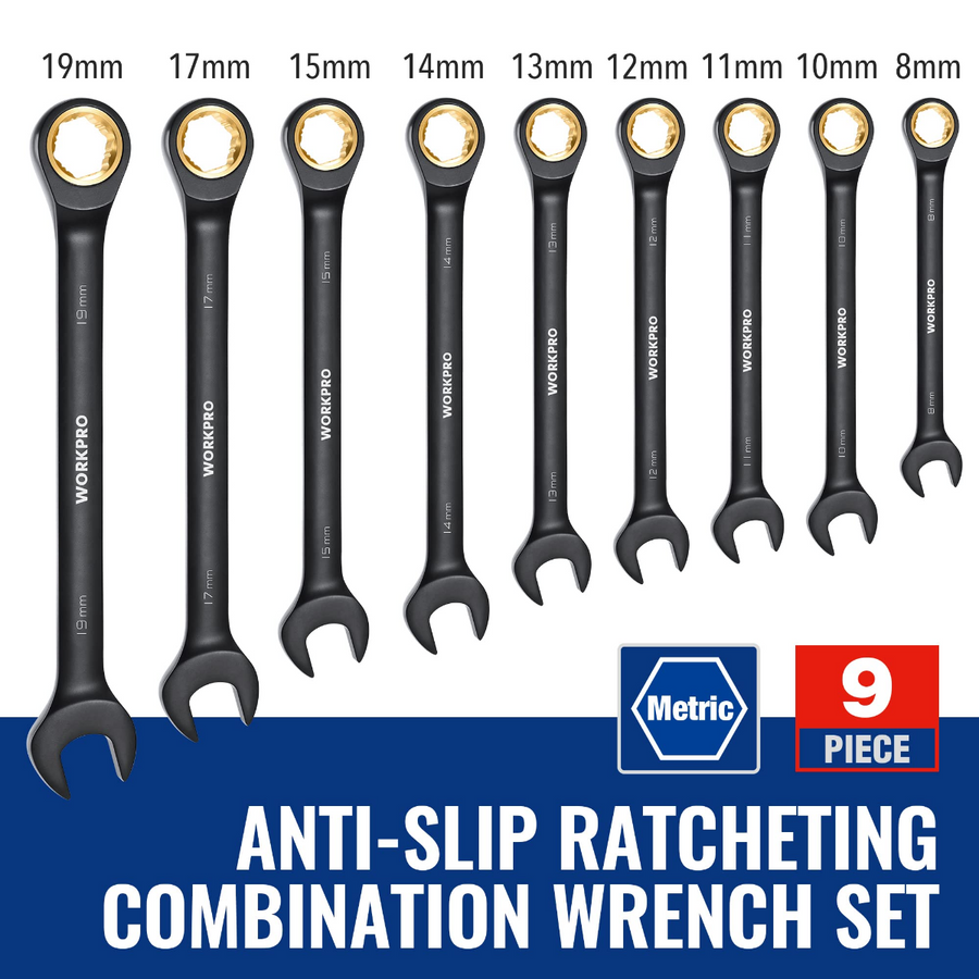 WORKPRO 9 Pcs Black Anti-Slip Ratcheting Combination Wrench Set, Metric 8-19 mm, 72-Teeth, Cr-V Constructed