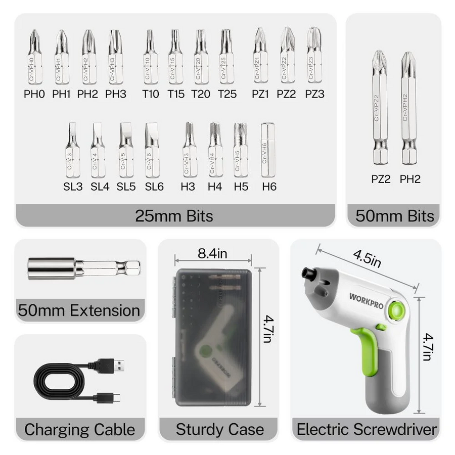 WORKPRO 3.6V White Cordless Screwdriver Set, Cordless & Rechargeable with Driver Bit Set and Sturdy Case，25PCS Drill/Driver Accessories
